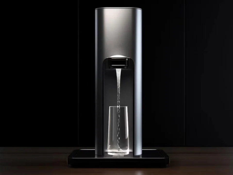Black and silver PureFlow Pro water dispenser with a clear glass beneath the spout
