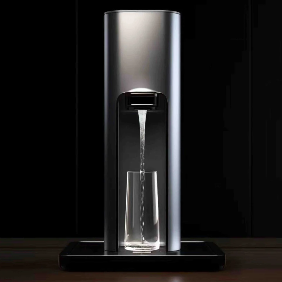 Black and silver PureFlow Pro water dispenser with a clear glass beneath the spout