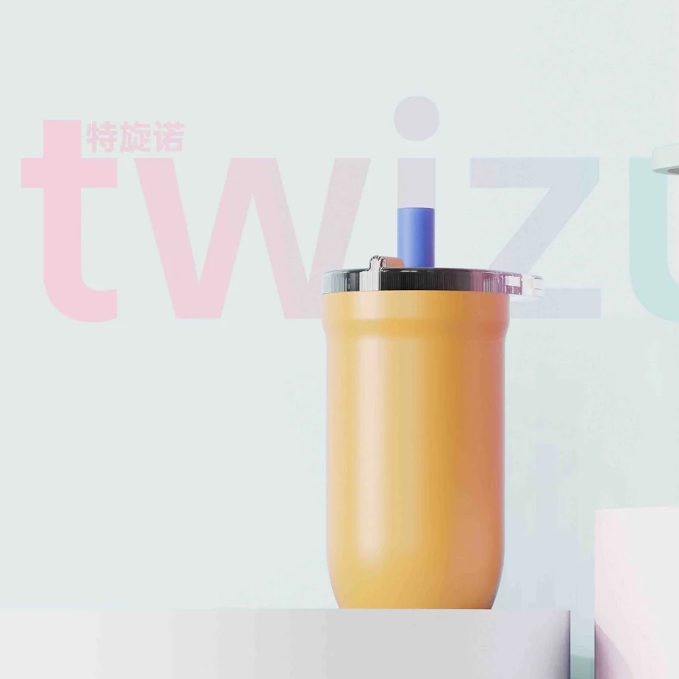 Yellow Trizuno straw tumbler with a blue straw and clear carrying handle