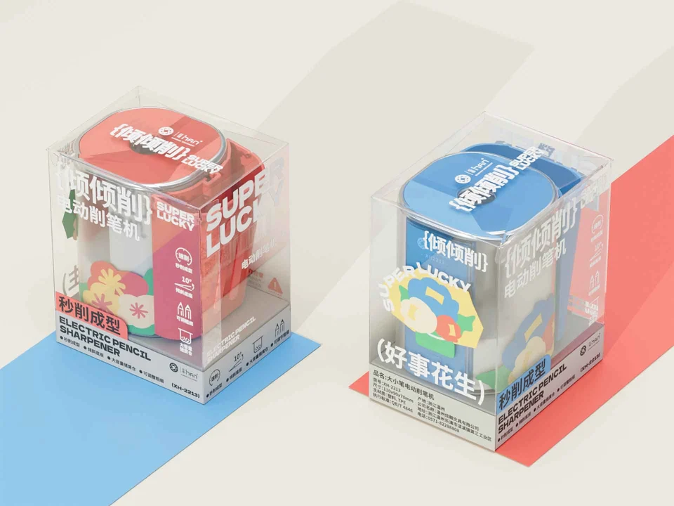 Angled views of the red and blue Super Lucky packs on clear stands