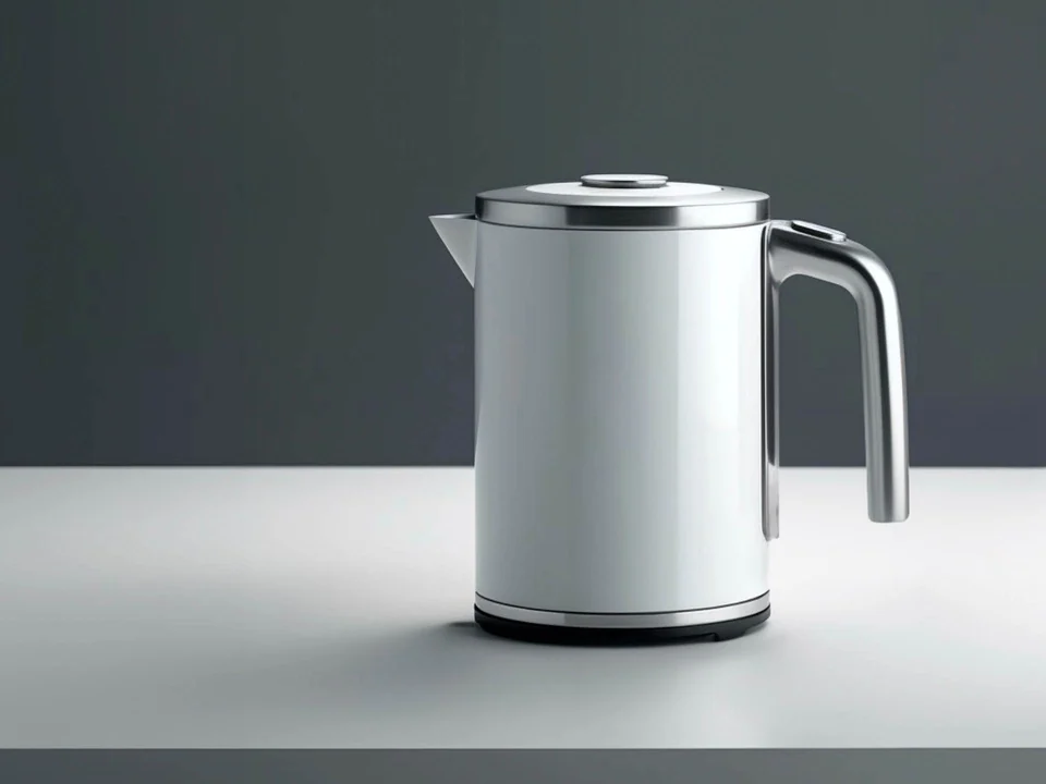 Silver Nimbus electric kettle with a dark handle, lid and circular base