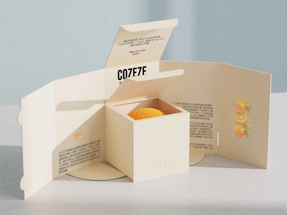 Unfolded COZEZE paper packaging revealing the inner tray and printed panels