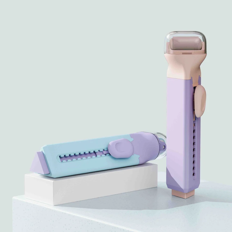 Pastel Tri-again erasers with triangular bodies and rounded slider buttons