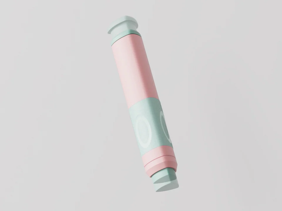 Mint and pink PRESSIO eraser showing its translucent body and sliding mechanism