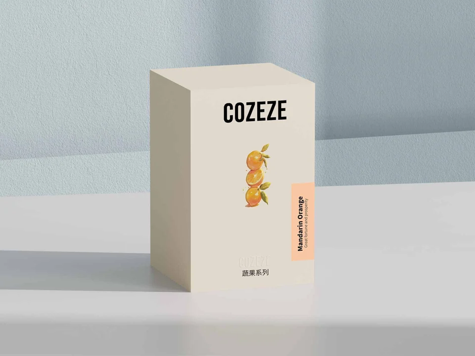 Cream COZEZE paper box with a small character illustration on the front