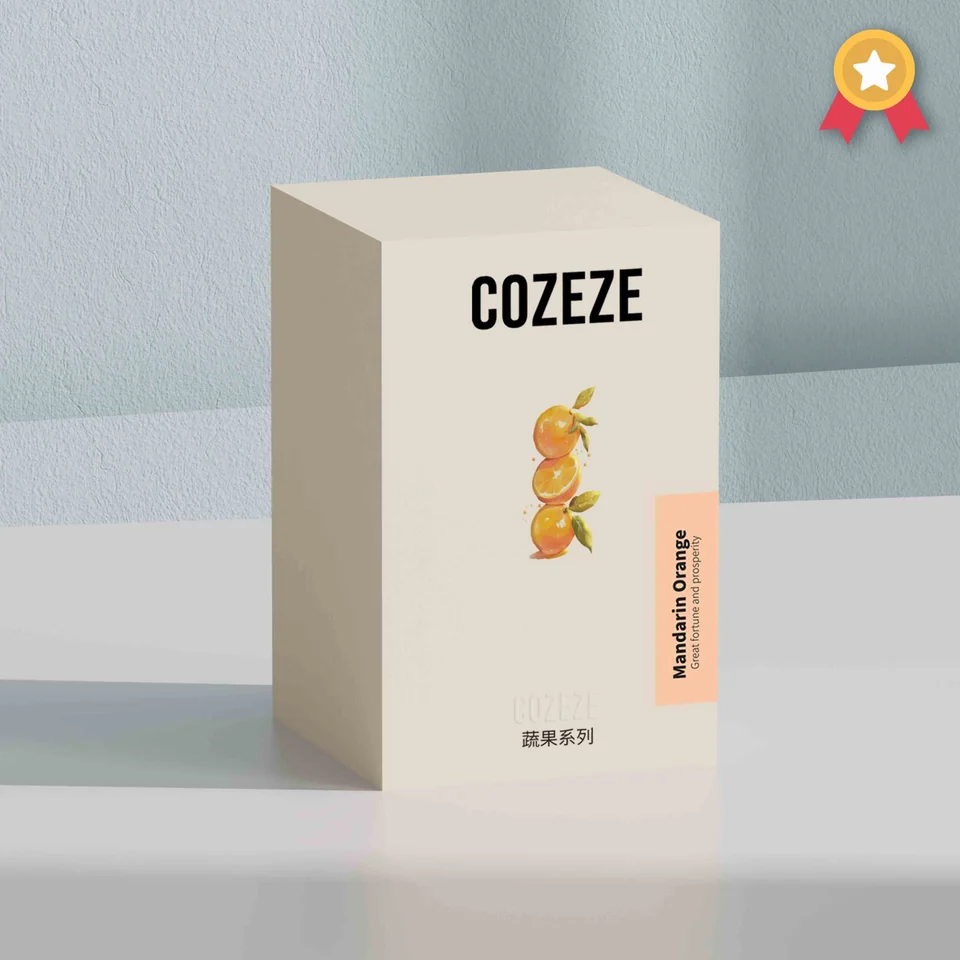 Cream COZEZE paper box with a small character illustration on the front