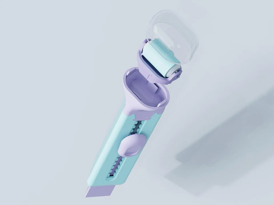 Open Tri-again eraser showing the cap, eraser refill and internal sliding rail