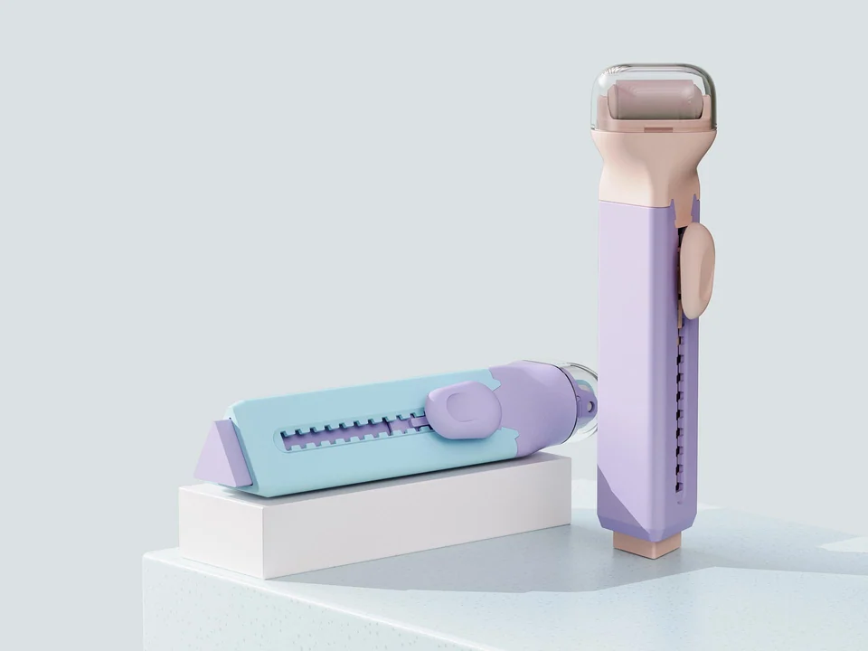 Pastel Tri-again erasers with triangular bodies and rounded slider buttons