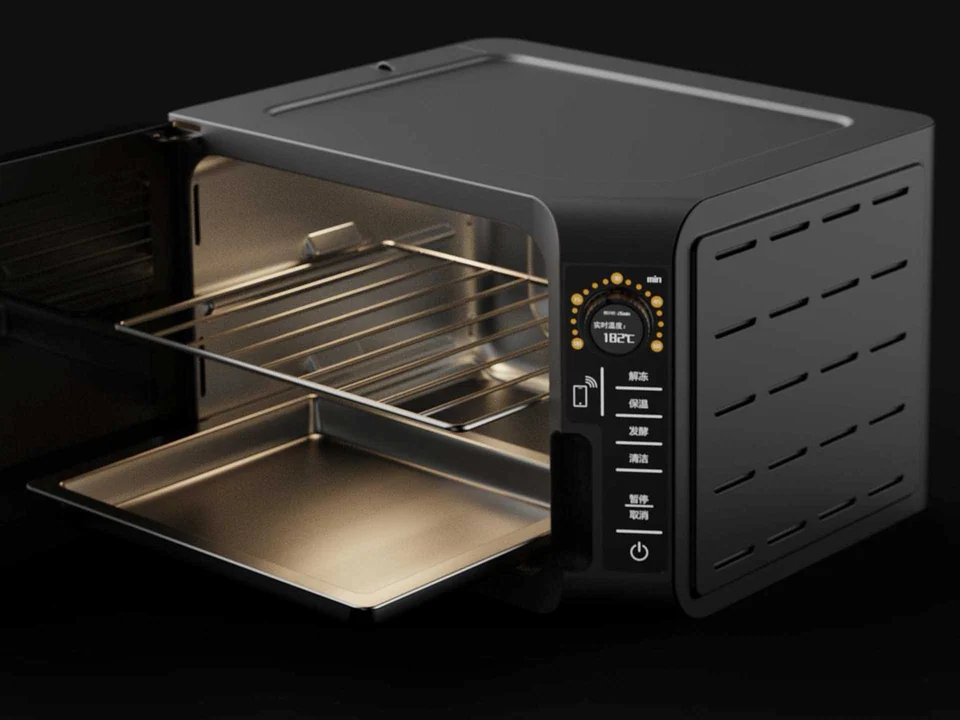 Open steam oven showing the metal racks and lowered glass door