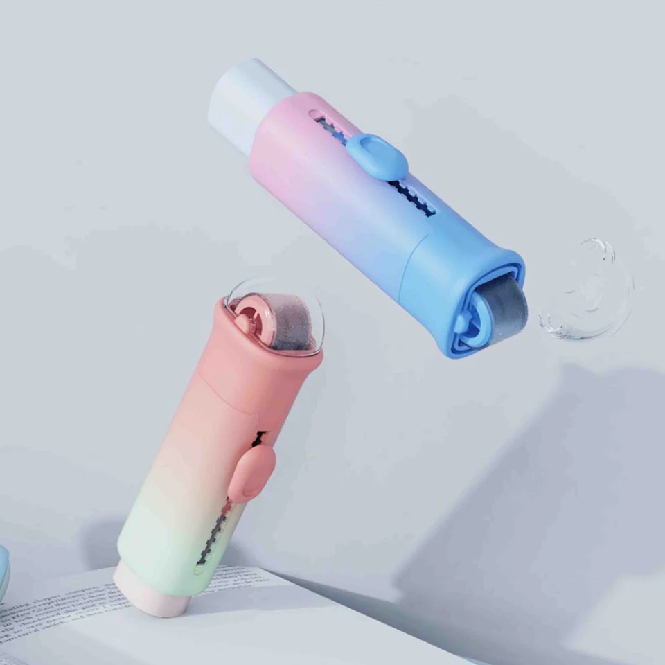 Pink, blue and mint Rollie erasers with rounded bodies and sliding controls