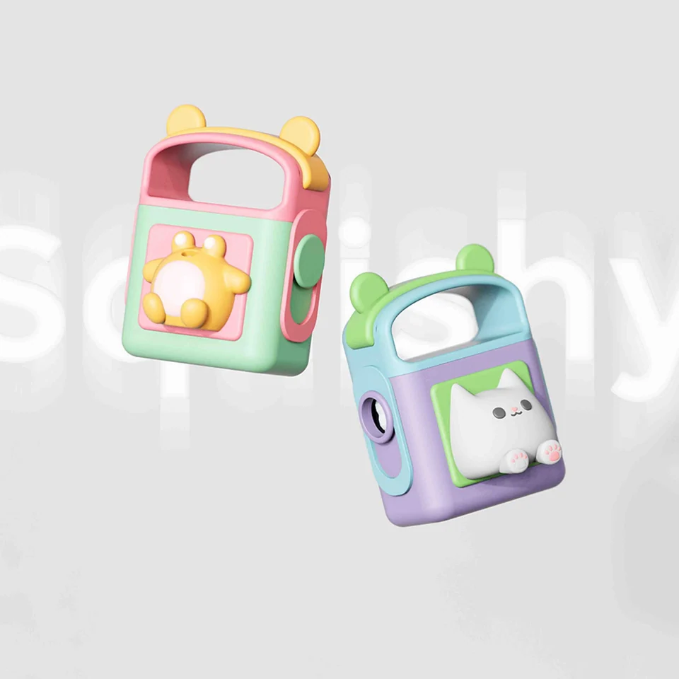 Pink, mint and lavender Squishy sharpeners with animal figures behind clear fronts