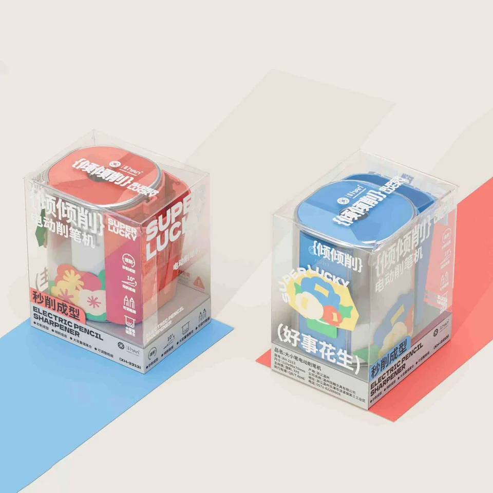 Red and blue Super Lucky packs displayed on transparent stands