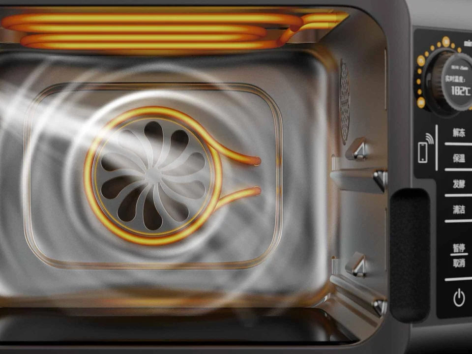Steam oven interior showing the circular fan and heating element